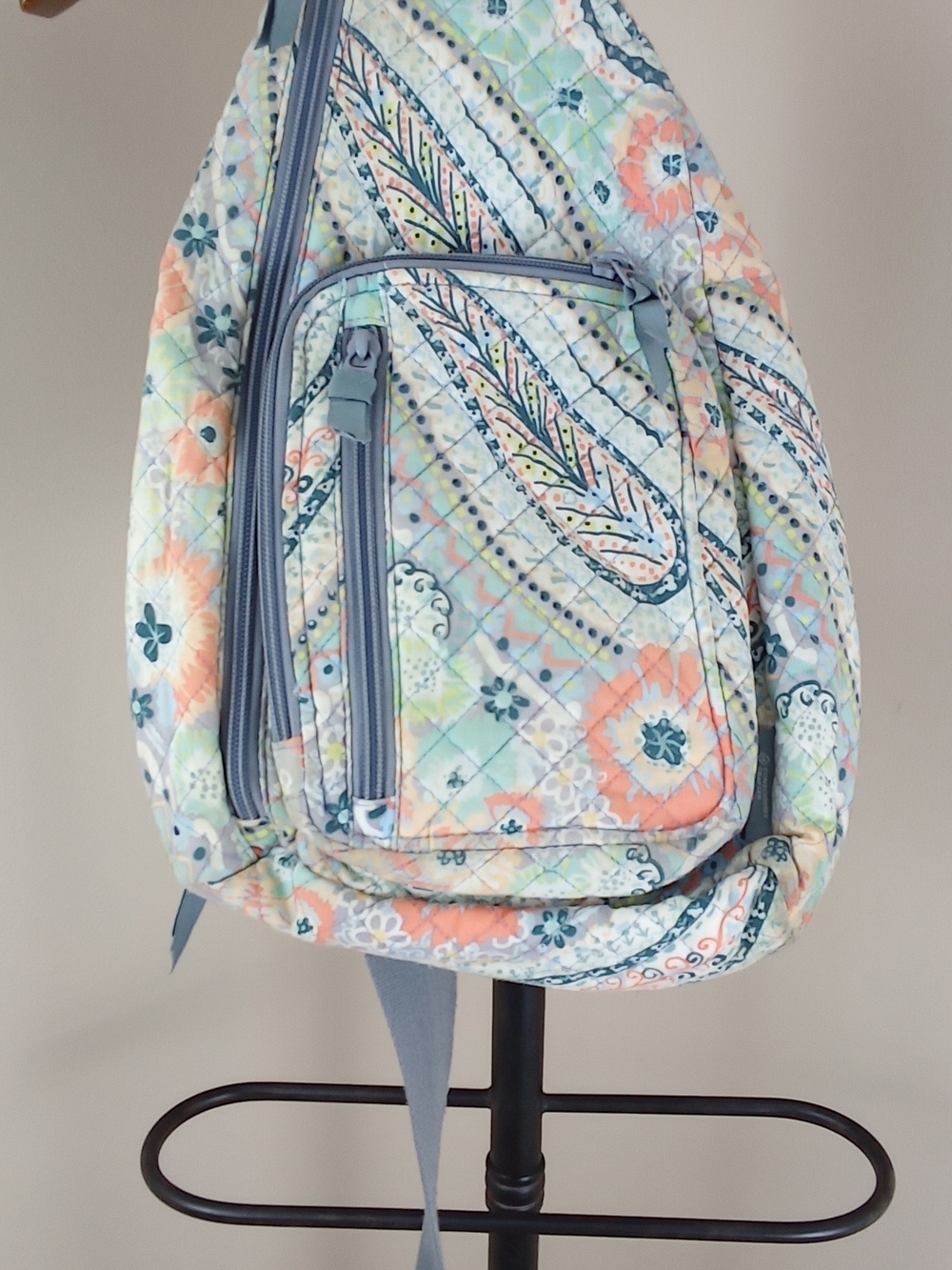 Vera Bradley Pastel Paisley Quilted Sling Backpack in Soft Blue & Peach